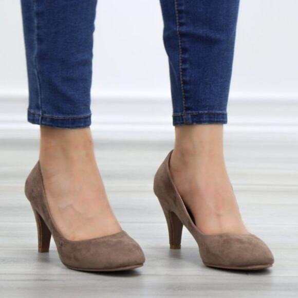 Dark Taupe Suede Round Toe Kitten Low Heel Pumps - Picture 8 of 8